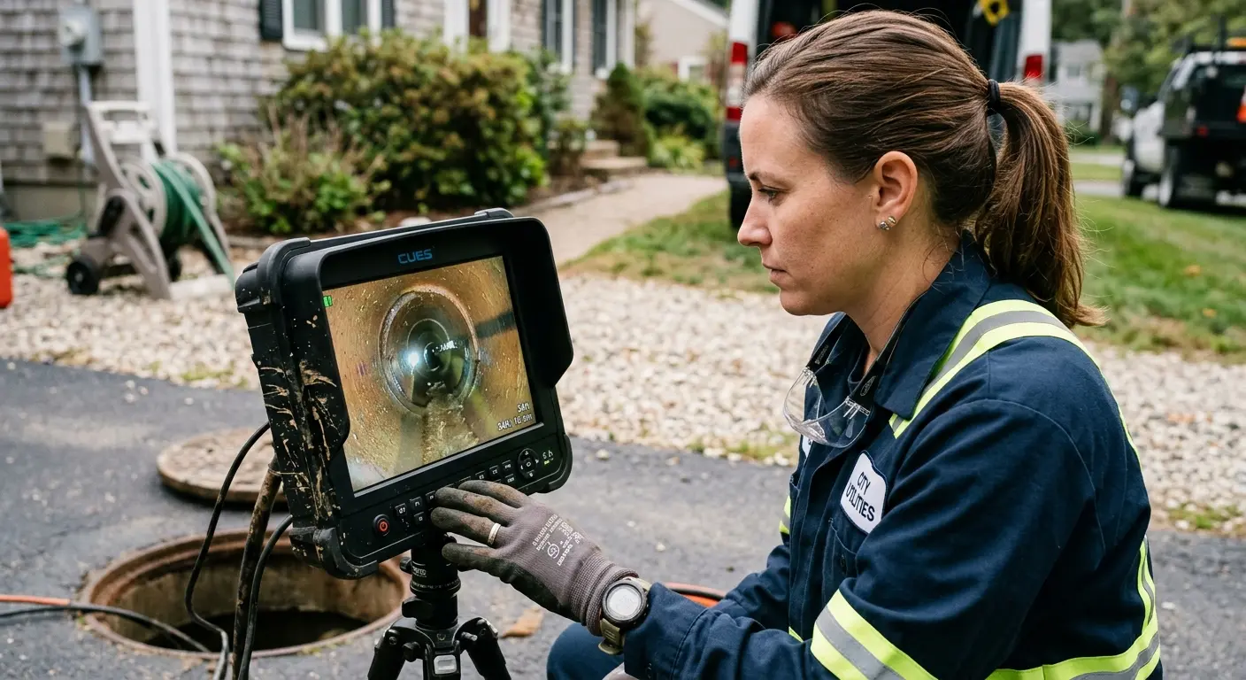 Technician reviewing sewer camera inspection footage in Tustin