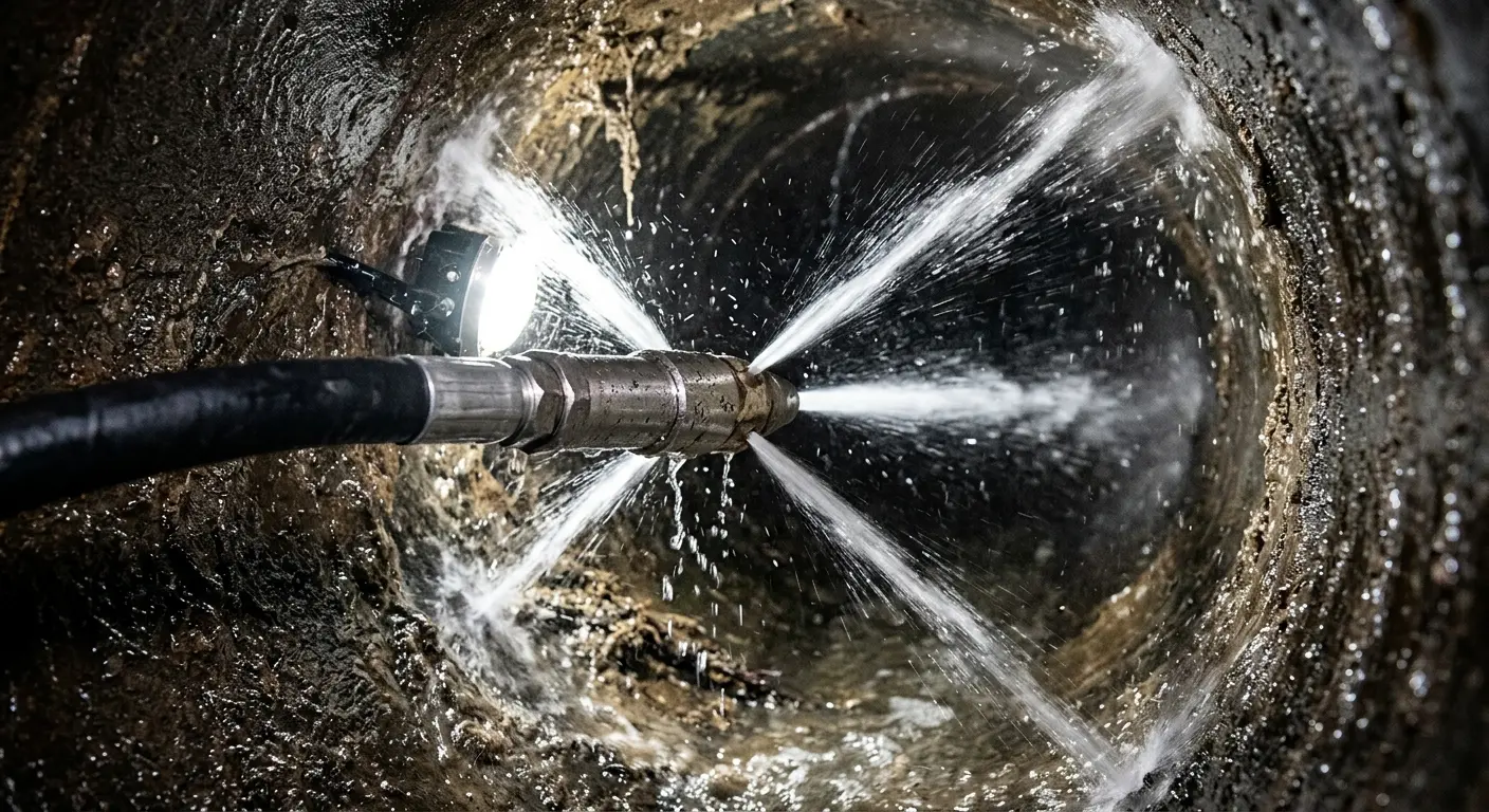 High-pressure hydro jetting nozzle cleaning sewer pipe for Emergency Drain Service in Tustin