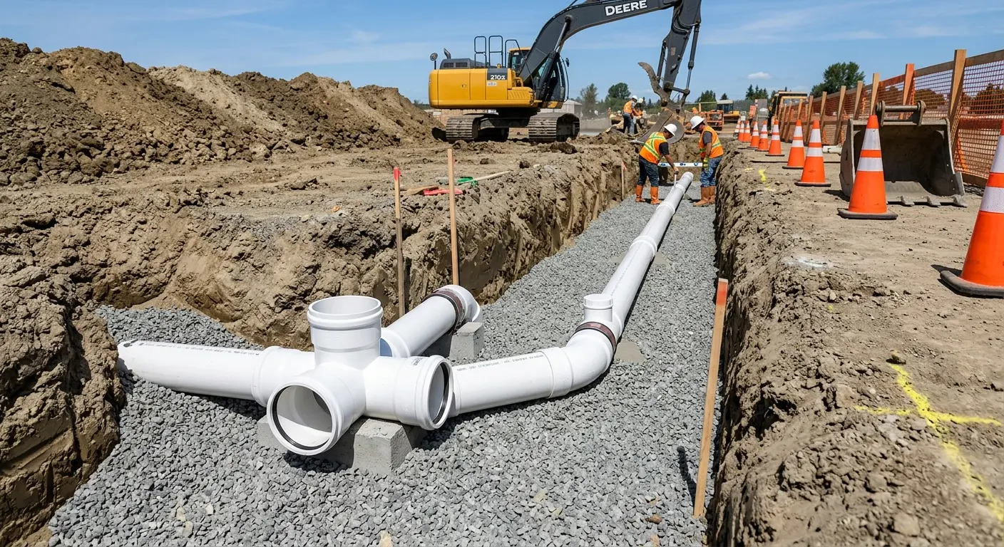 New PVC sewer pipe installation in open trench for Commercial Drain Cleaning in Tustin