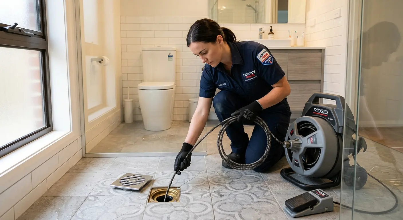 Technician clearing a bathroom floor drain for Hydro Jetting in Tustin